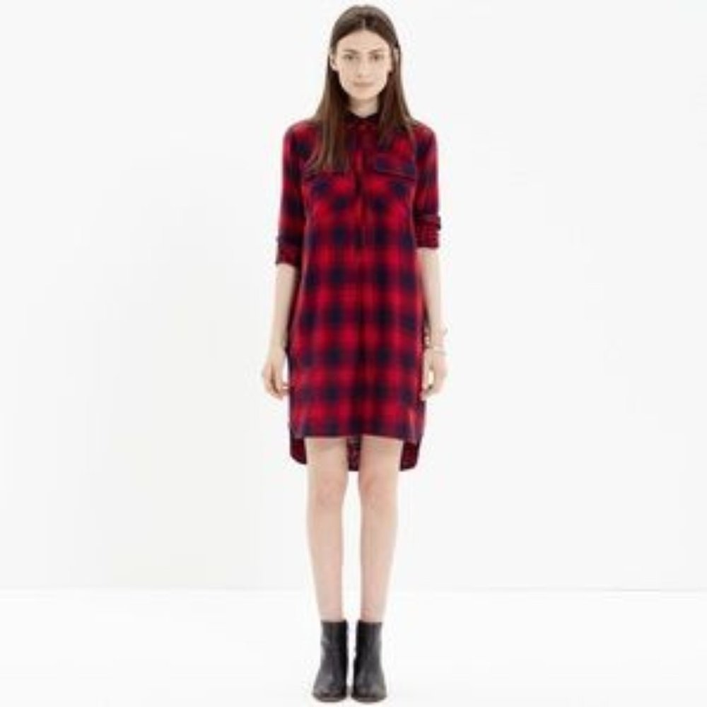 MADEWELL | Daywalk Albion Plaid Popover Flannel Shirt Dress Chest Pockets